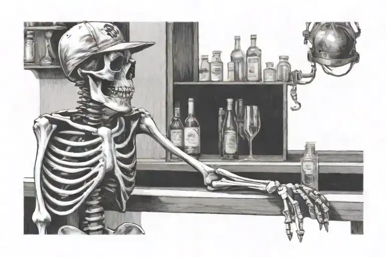 skeleton sitting behind an old bar wearing a ball cap tattoo design idea