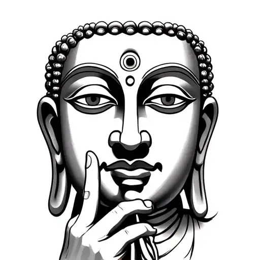 a face without eyes, having a hand doing the shhh sign, one eye above the head and another eye on the hand.. Buddah face tattoo design idea