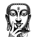 a face without eyes, having a hand doing the shhh sign, one eye above the head and another eye on the hand.. Buddah face tattoo design idea