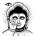 a face without eyes, having a hand doing the shhh sign, one eye above the head and another eye on the hand.. Buddah face tattoo design idea