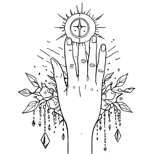 a line design of a hand with crystals hanging off of it with a sun and moon with the Aquarius star sign above it  tattoo design idea