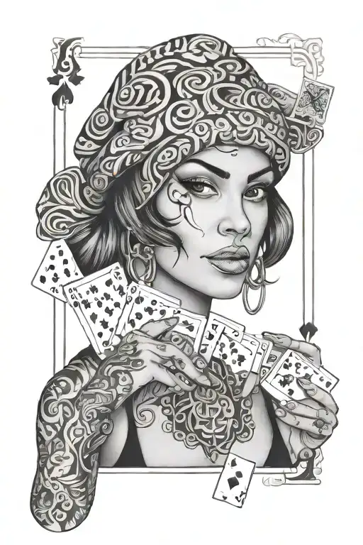 payasa chicana portait wearing a beanie with playing cards tattoo design idea
