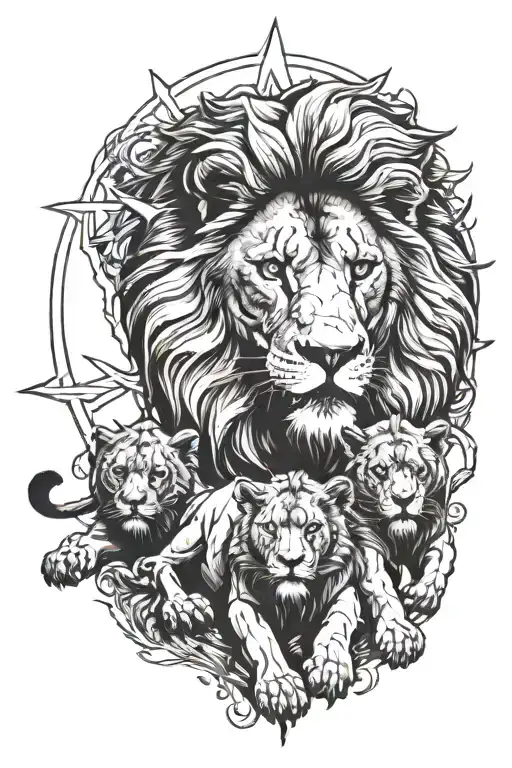 lion with his lioness and cub in fighting stance protected by a star tattoo design idea