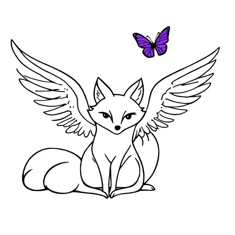 small fox sitting sideways with angel wings on fox with purple butterfly  tattoo design idea
