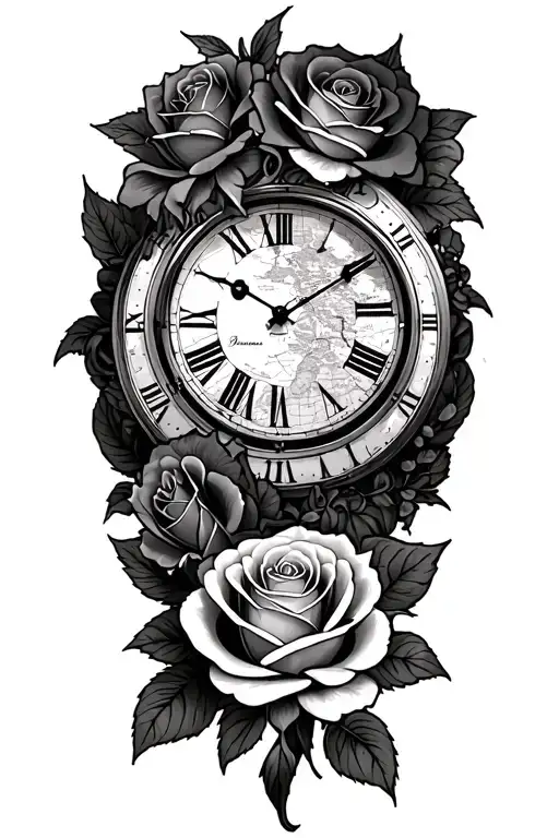 roses, clock, map tattoo design idea