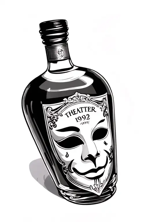A pretty bottle of spirits, a mask evoking theater on the label, the year 1992.All in an elegant, art-deco style tattoo design idea