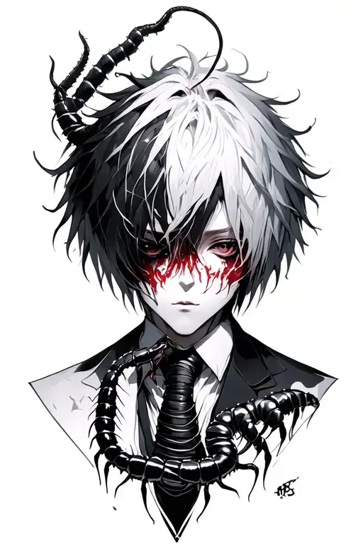 crazy kaneki with centipede tattoo design idea