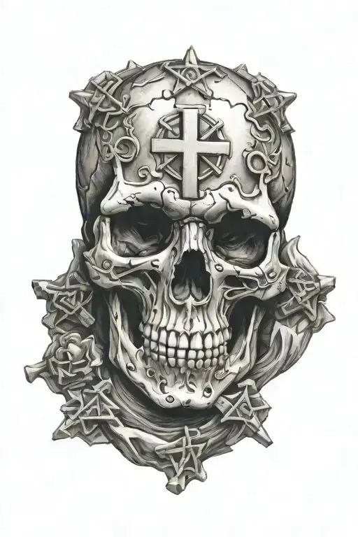 skull with crosses carved on it tattoo design idea