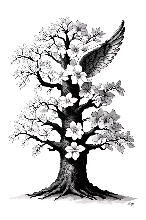 dogwood tree, Angels holding hands with his,  tattoo design idea