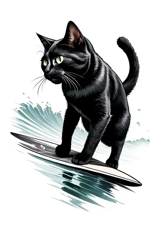 black cat (silhouette) surfing wave standing up tattoo design idea