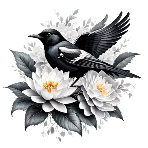red wing black bird with hydrangea and lotus flower tattoo design idea