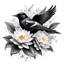 red wing black bird with hydrangea and lotus flower tattoo design idea