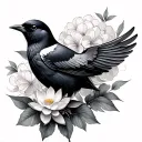 red wing black bird with hydrangea and lotus flower tattoo design idea
