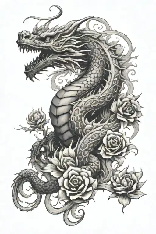  dragon and dead flowers with flames left arm sleeve tattoo design idea