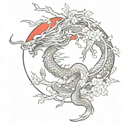 blossom, tree branches, Japanese dragon black and white, red moon, feminine  tattoo design idea