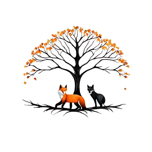 fox and family tree tattoo design idea