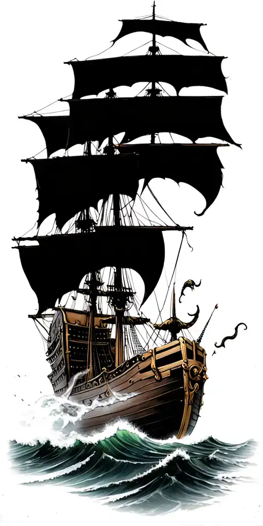 ship being attacked by kraken ocean waves treasure chest tattoo design idea