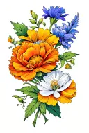 arm tattoo with a honeysuckle, a marigold, and a poppi no stem tattoo design idea