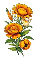 arm tattoo with a honeysuckle, a marigold, and a poppi no stem tattoo design idea
