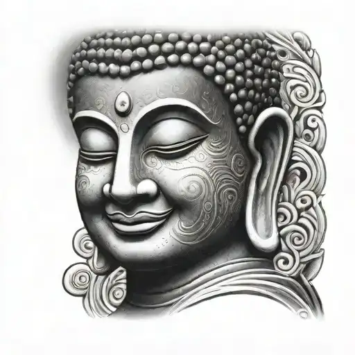 black smilling buddha face tattoo design idea