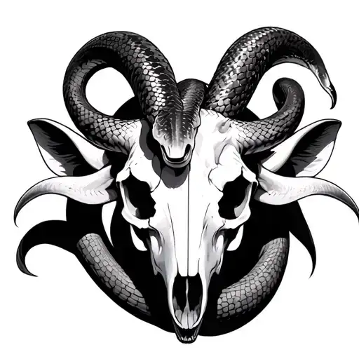 snake crawling through goat skull tattoo design idea
