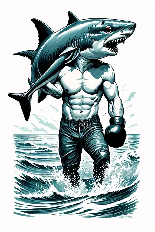A man in boxing gloves holds a shark on his shoulder and carries it out of the sea, old-school style tattoo design idea
