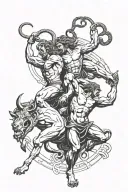 Minotaur fighting Theseus under the labyrinth with Medusa above the labyrinth  tattoo design idea