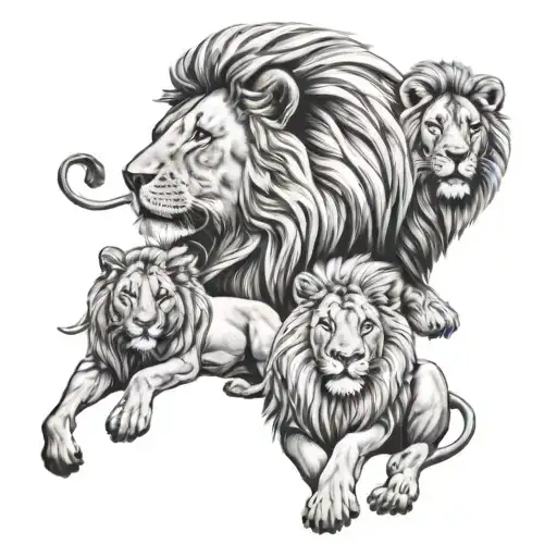 a lion family with a male, female lion and two little lions. tattoo design idea