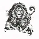 a lion family with a male, female lion and two little lions. tattoo design idea