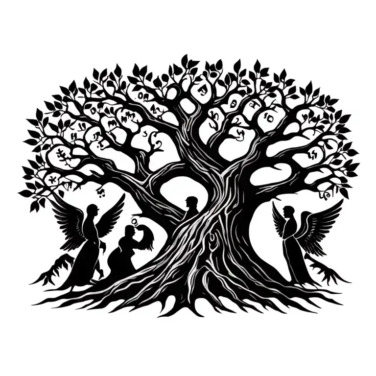 3 generation oak  family tree in tribal style with names and dates. include guardian angels  tattoo design idea