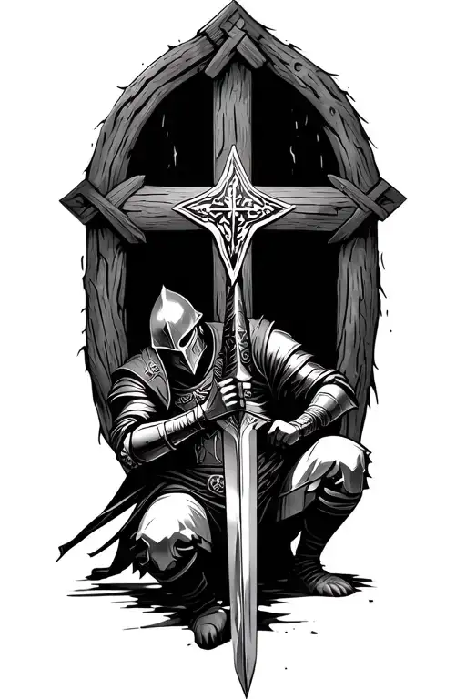 kneeling crusades knight with sword with timber cross in background with realistic and dramatic ominous details tattoo design idea