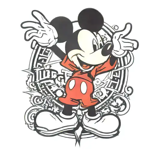 A realistic portrait of Mickey Mouse with a bold 'IDGAF' banner underneath, reflecting your mantra of not giving a fuck, in a neotraditional style tattoo design idea