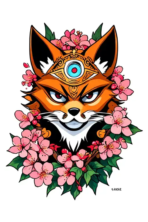 neo traditional kitsune mask with 3rd eye on the forehead surrounded by cherry blossoms tattoo design idea