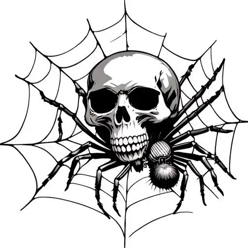 A skull with a spider crawling around and spiderwebs tattoo design idea