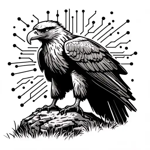 eagle standing on a rock over a field of circuit board leads in a sketch style  tattoo design idea