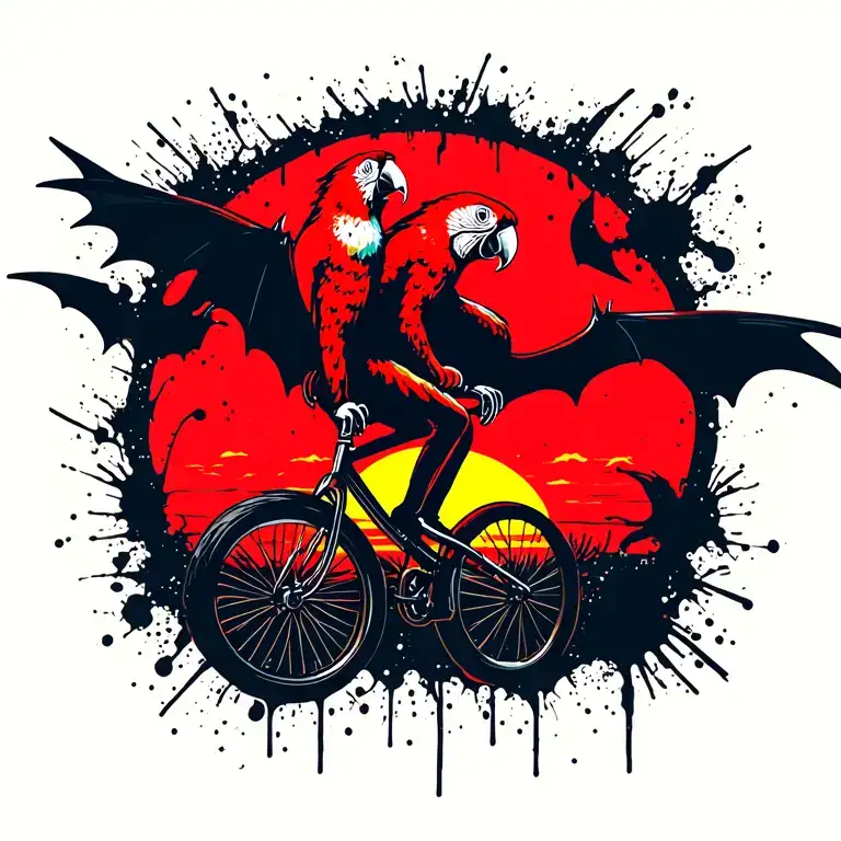 bat and macaw riding on unicycle into the sunset tattoo design idea