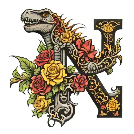 a huge letter R surrounded by red and yellow roses and dinosaurs  tattoo design idea
