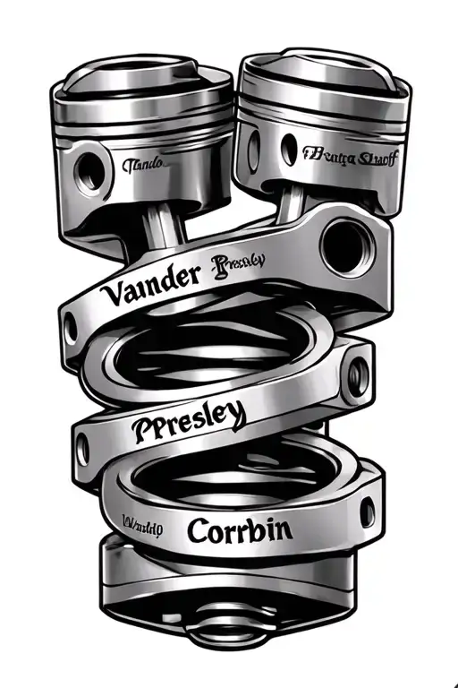 3 pistons and crankshaft transforming into a mechanical with names Vander, Presley and Corbin on connecting rods tattoo design idea