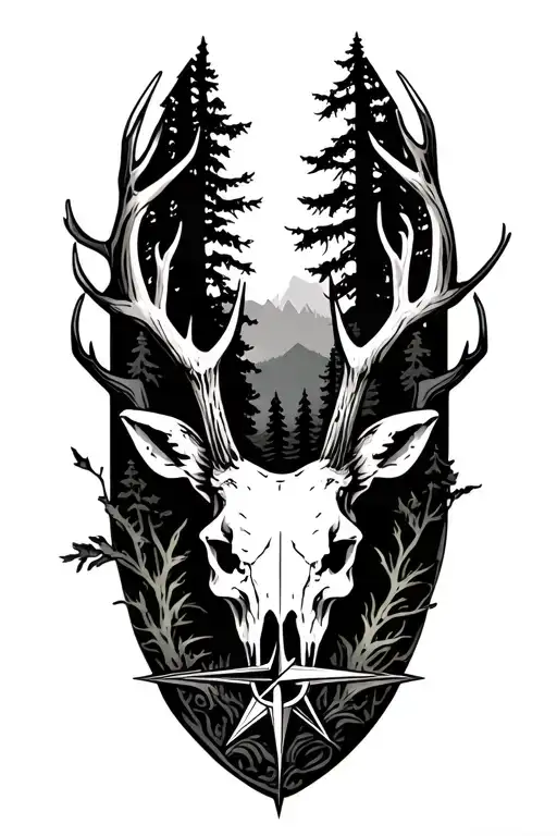 forest landscape surrounded by deer skull with compass tattoo design idea