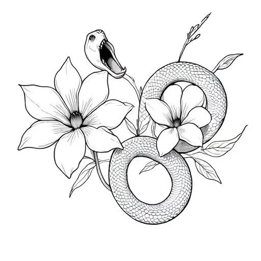 a snake with an open mouth coils around large thin flowers tattoo design idea