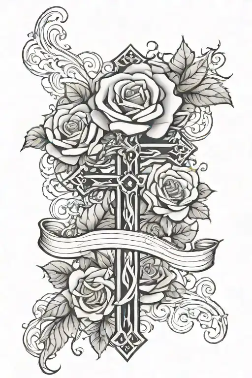 cross and roses tattoo design idea