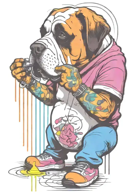 standing graffiti artist creating a masterpiece. replace human head for st Bernard head. holding a marker pen tattoo design idea