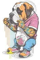 standing graffiti artist creating a masterpiece. replace human head for st Bernard head. holding a marker pen tattoo design idea