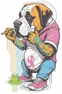 standing graffiti artist creating a masterpiece. replace human head for st Bernard head. holding a marker pen tattoo design idea