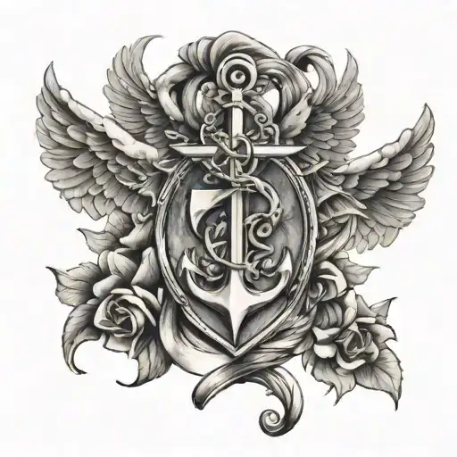 Sagittarius sign with angel wings and anchor intertwined tattoo design idea