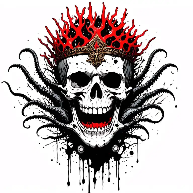 King Of Bones With A Coral Crown, Hades 2 Style, Eldritch, Tentacles, Lovecraftian, Deep Sea background, seaweeds tattoo design idea