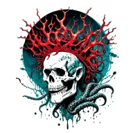 King Of Bones With A Coral Crown, Hades 2 Style, Eldritch, Tentacles, Lovecraftian, Deep Sea background, seaweeds tattoo design idea