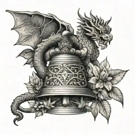 A Indian bell,a book with dragon wrapped, tulsi plant and a onlion plant  tattoo design idea