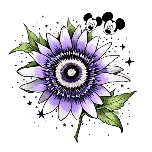 purple passionflower with stars and mickey heads tattoo design idea