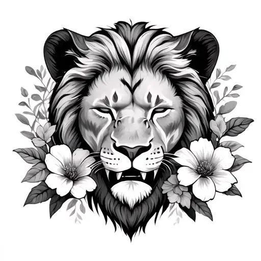 half lion with baring teeth half beautiful baby sleeping with a flowing transition. surrounded by masculine flowers tattoo design idea